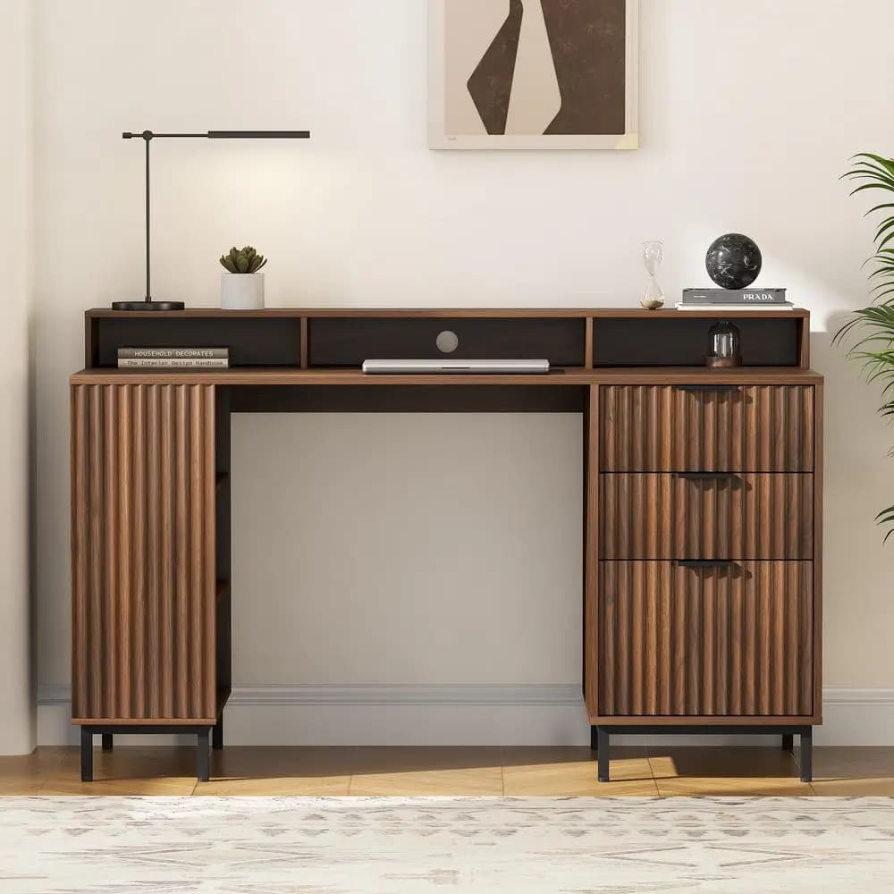 Fluted Executive Desk with Drawers, Modern Home Office Computer Desk with Charging Station, File Drawer, Monitor Stand, Storage