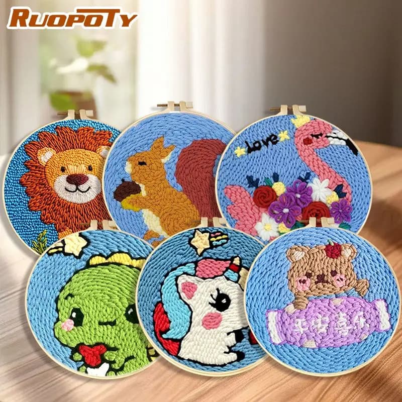 RUOPOTY Squirrel Diy Needle Punch Kit Modern Embroidery Supplies Animal Monks Cloth For Punch Needle DIY Easy Crafts For Adults