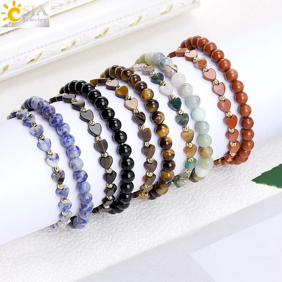 CSJA 2 Pcs Natural Stone Bracelets Adjustable White Crystal Tiger Eye Crystal Beaded Bangles for Women Couple Jewelry Gift H688