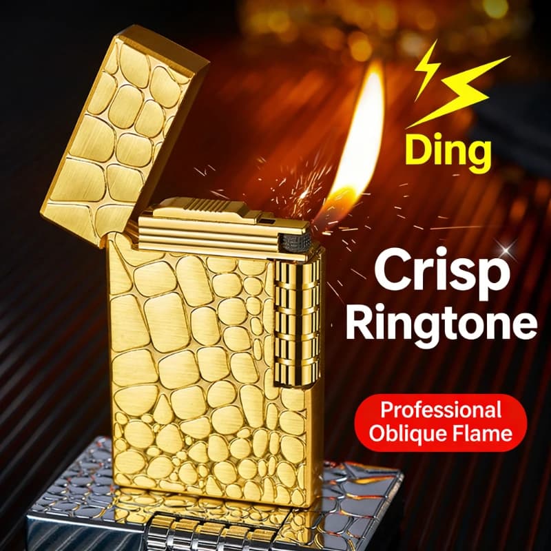 Accendino sonoro con motivo coccodrillo di fascia alta, fiamma obliqua, ruota in silicona, accendino butano antiscivolo laterale ricaricabile in metallo 3D in rilievo