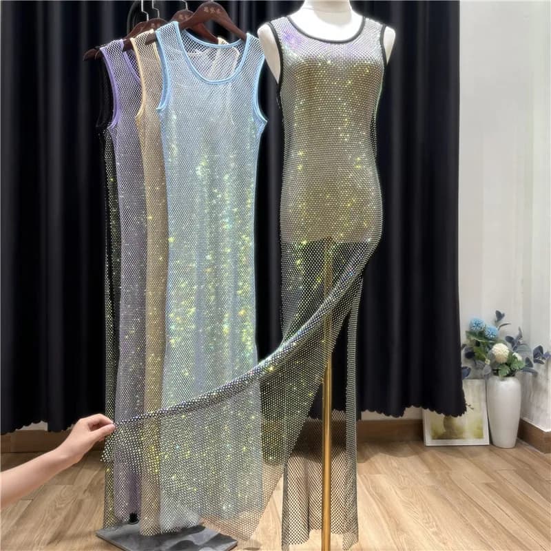 Abito lungo con spacco lungo con strass da donna abito da ballo aderente con scollo tondo sottile senza maniche da donna elegante 130-140 lungo