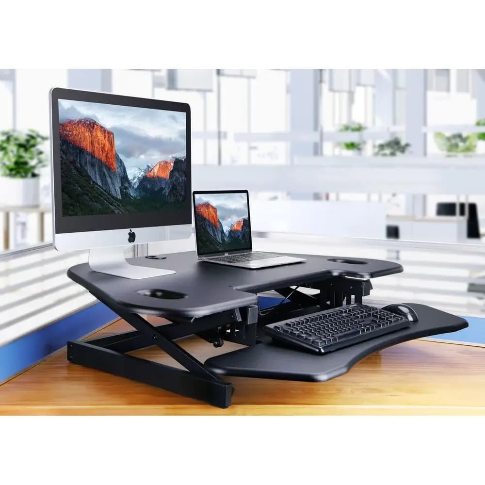 Convertitore per Scrivania Angolare Regolabile in Altezza 46 Pollici, Supporto per Monitor Doppio con Sistema Sit-Stand, Piano d'Appoggio per Computer con Molla a Gas