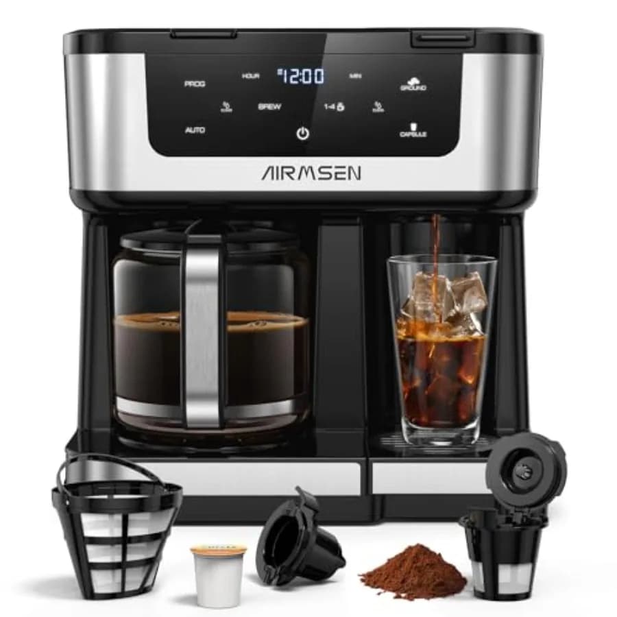 12-Cup Programmable Dual Coffee Maker Single Serve Machine for K-Cup Pods Ground, 1000W Fast Brew, Delay t, 2H Keep Warm, Touch