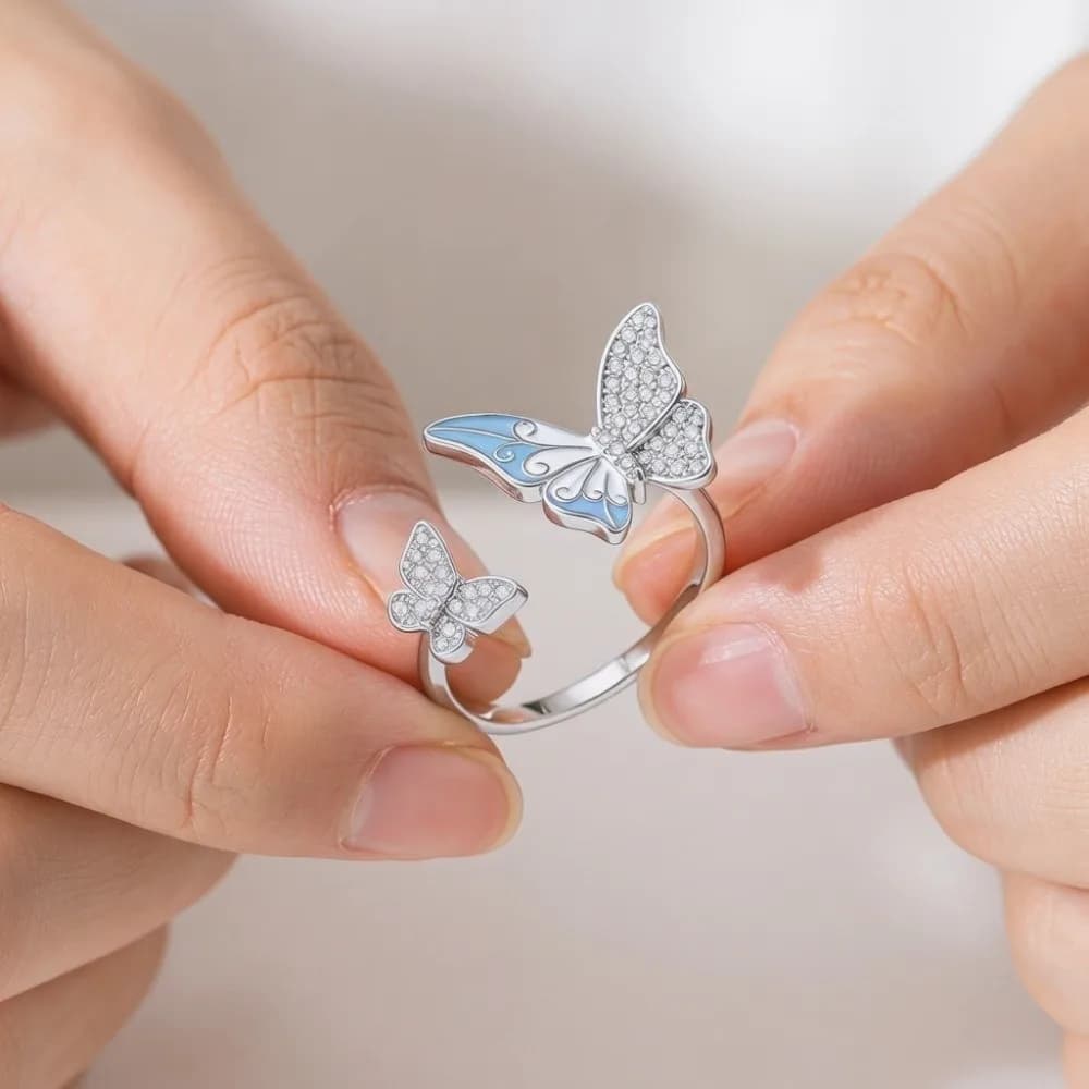Anello Aperto a Farfalla Elegante e Delicato, Anello in Lega con Zirconi e Smalto, Gioiello da Dito per Ragazze