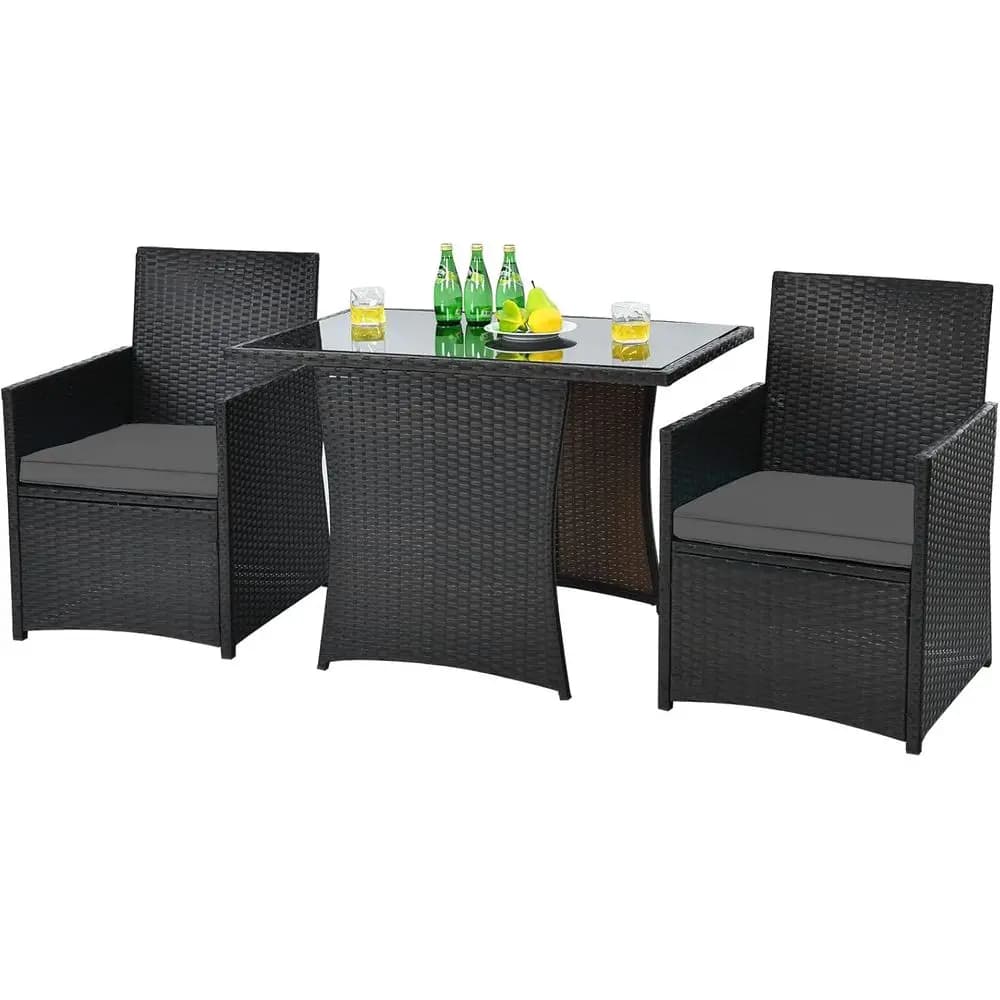 Set Bistrot da Esterno in Vimini a 3 Pezzi con Sedie Imbottite per Patio, Giardino e Bordo Piscina
