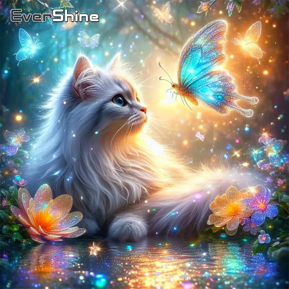 Quadro con strass a ricamo diamantato Evershine, motivo animale, gatto, farfalla, decorazione per la casa