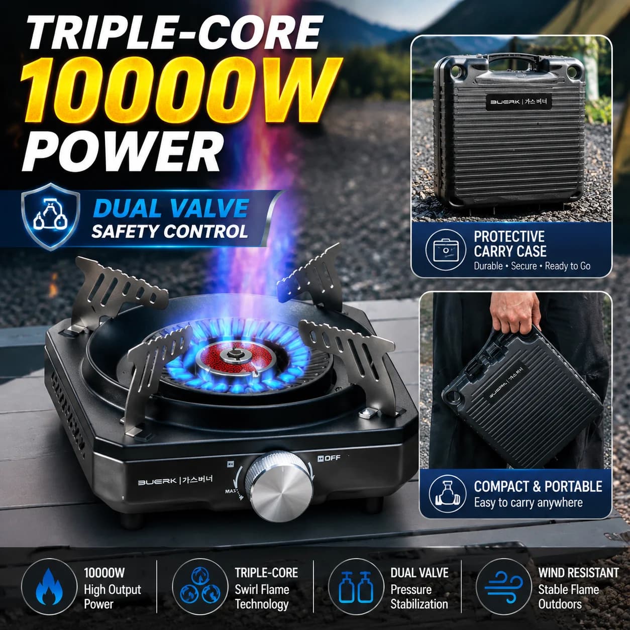 10000W Triple-Core Swirl-Flame Camping Gas Stove 1.01KG Portable Tabletop Outdoor Burner Windproof BBQ Hiking Picnic Backpacking