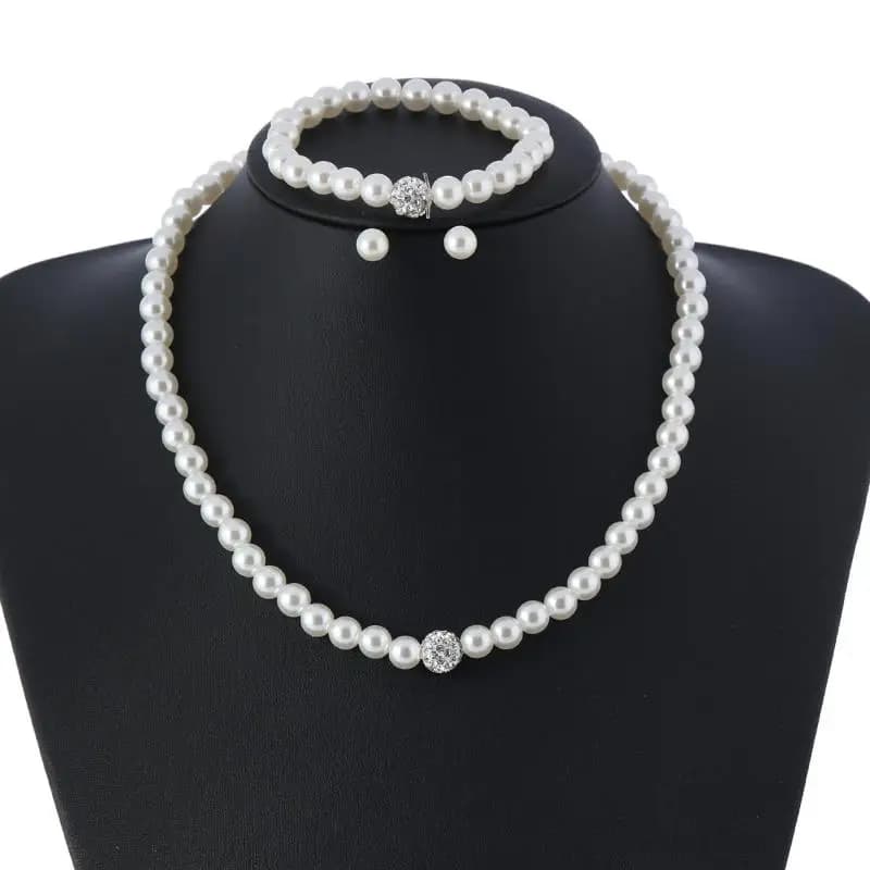 Set da 3 pezzi Set di gioielli con perle finte, palla di fuoco, bracciale, orecchini a bottone, set di gioielli da sposa eleganti in pietra di cristallo color argento