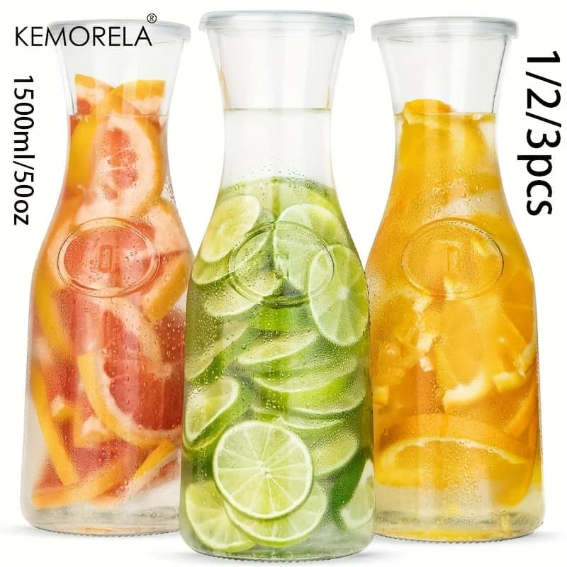 Caraffe in Vetro da 1/3 Pezzi, Dispenser per Bevande da 1400ML, Brocche Trasparenti per Mimosas, Acqua, Vino e Succhi con Coperchi in Plastica