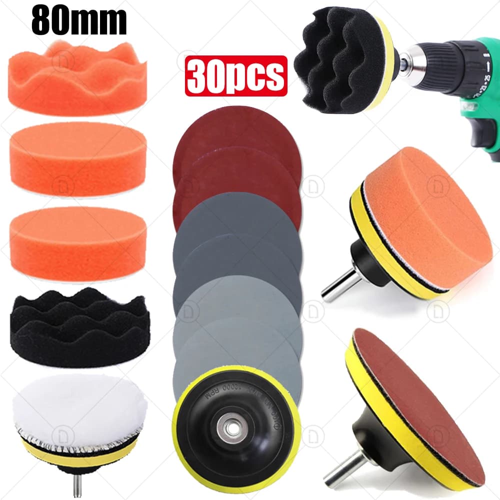 Kit per lucidatura con tampone in spugna per ceratura per auto Dettagli automatici Carta vetrata Lucidatura Disco abrasivo Lucidatore Adattatore per trapano Ripristino fari