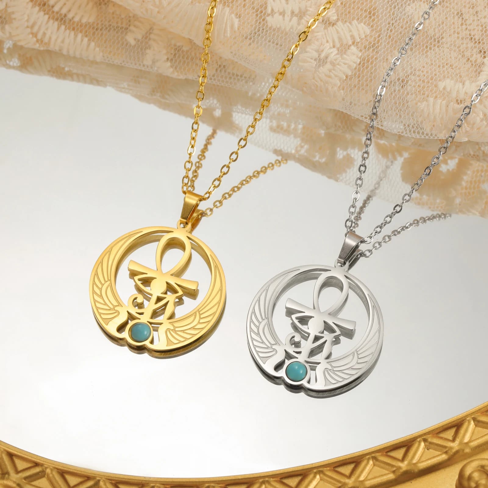 Horus Eye Cross Necklace Stainless Steel Round Blue Gemstone Pendant Men and Women Prayer Talisman Jewelry Gift