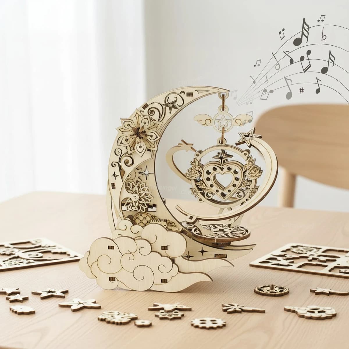 Puzzle in legno 3D Moon Star Modello Carillon Kit di costruzione Rotante Decorazione artigianale Giocattolo educativo STEM Regalo per adulti Adolescenti Bambini