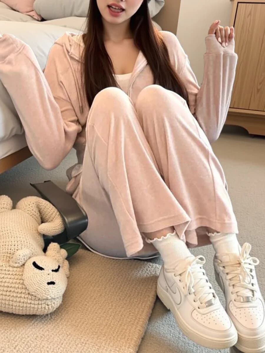 Velvet Set Thick Soft Must Have Autumn Winter Outfit Women's Fashion Comfortable Warm Polyester Long Sleeve Zipper Hoodie Pants