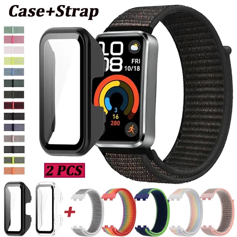 Cinturino in nylon + custodia per PC per Huawei Band 10 Guscio protettivo in vetro temperato HD Huawei Band 10 9 8 Comodo cinturino da polso