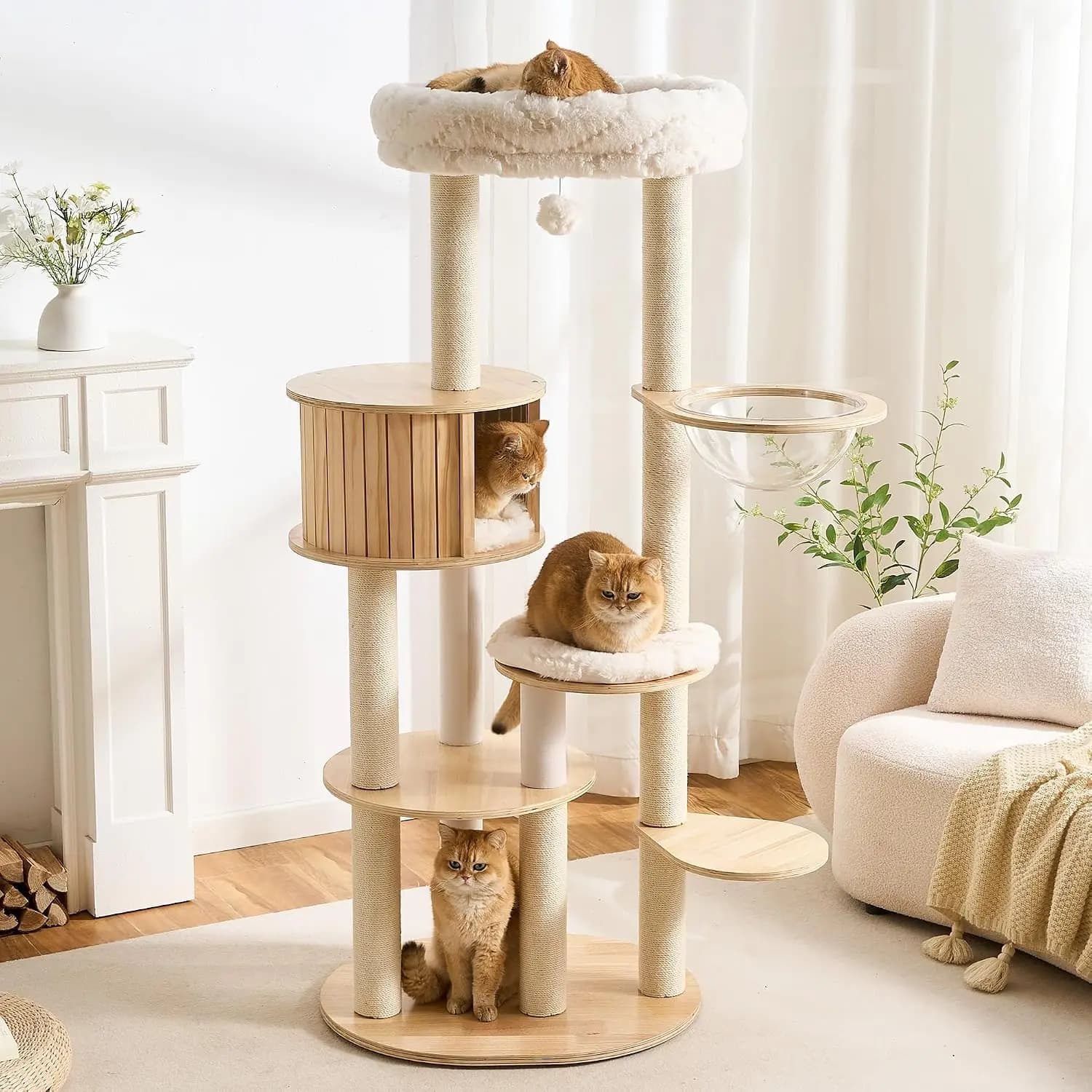 Wood Cat Tree 64 inch Multi-Level with Scratching Post & Bed, Condo with Removable Cushion Indoor Cats, Customized