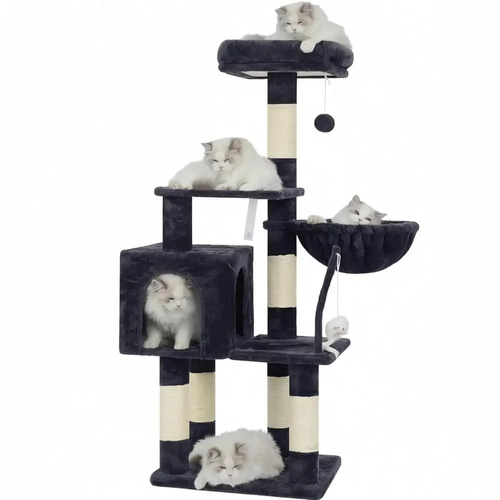 Albero per Gatti da Interno con Giocattolo, Torre con Cuccia, Soggiorno in Peluche, Amaca e Tiragraffi, Grigio Fumo