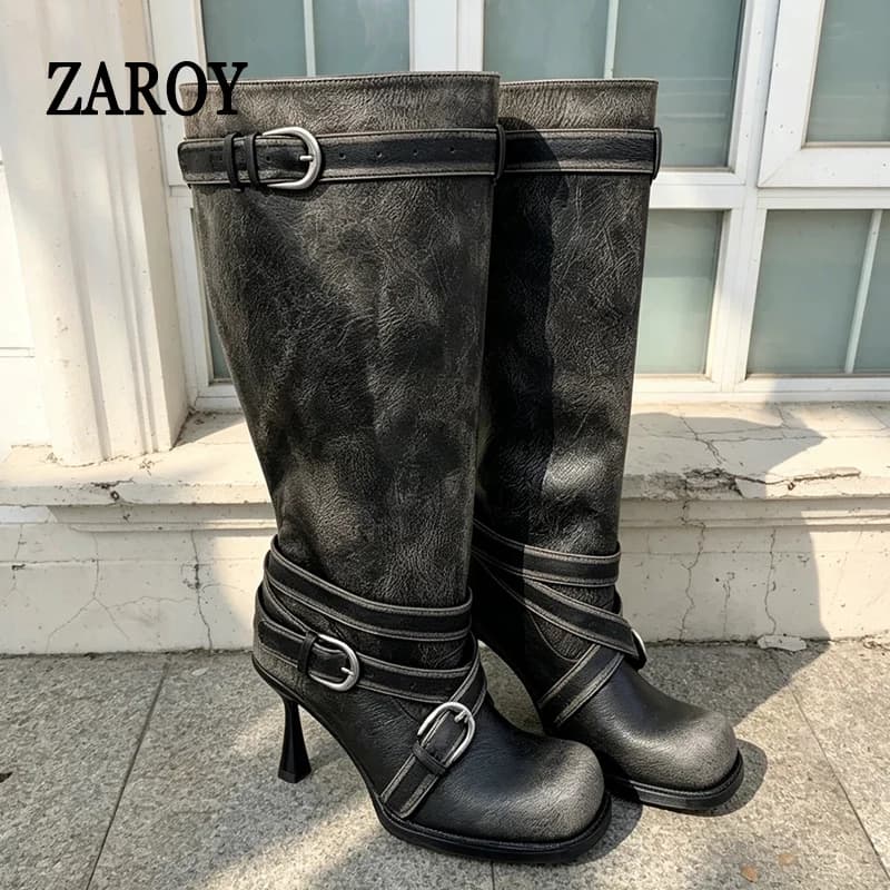 ZAROY Vintage Distressed Knee High Boots Women Square Toe Stiletto Heel Buckle Riding Boots Street Style Luxury Winter Long Bota