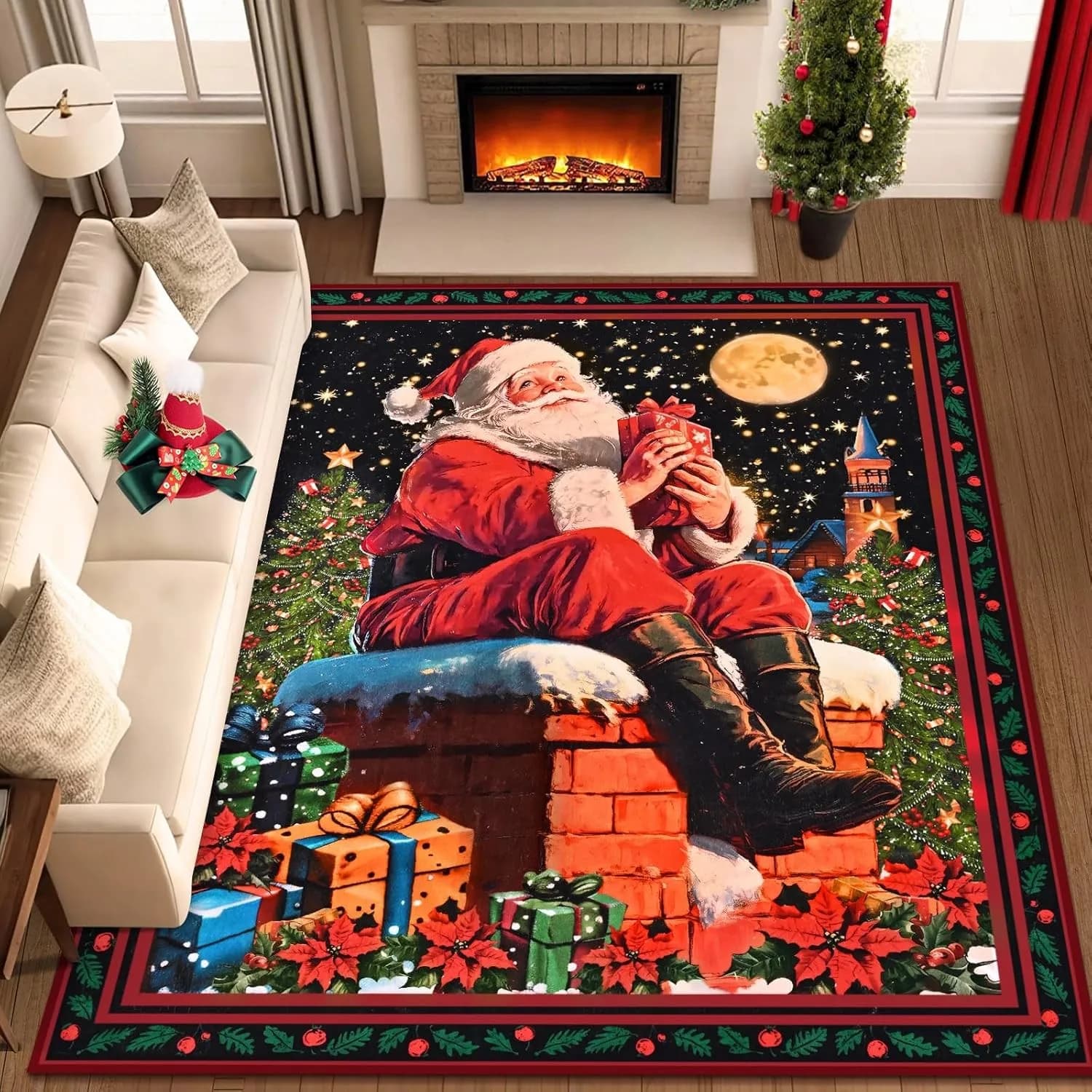 Tappeti natalizi per soggiorno Tappeto Babbo Natale Tappeti lavabili antiscivolo per camera da letto Soggiorno Tappeto invernale per sala da pranzo