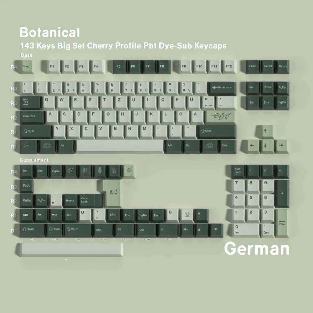 Keycaps Cherry PBT Botanical ISO Tedesco Spagnolo Francese Coreano Russo, 143 Tasti con Sublimazione a Tinta per Tastiera Meccanica da Gaming