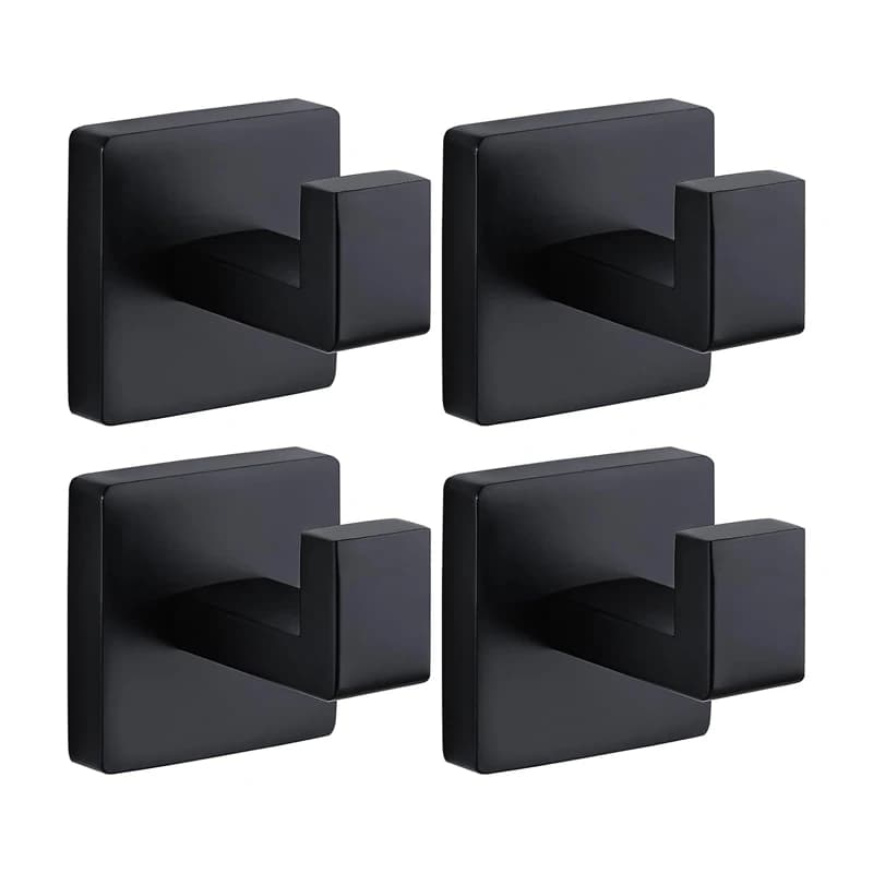 Matte Black Towel Hook Stainless Steel Heavy Duty Wall Mounted Robe Coat Hooks Bathroom Kitchen Closet Square Modern Rack