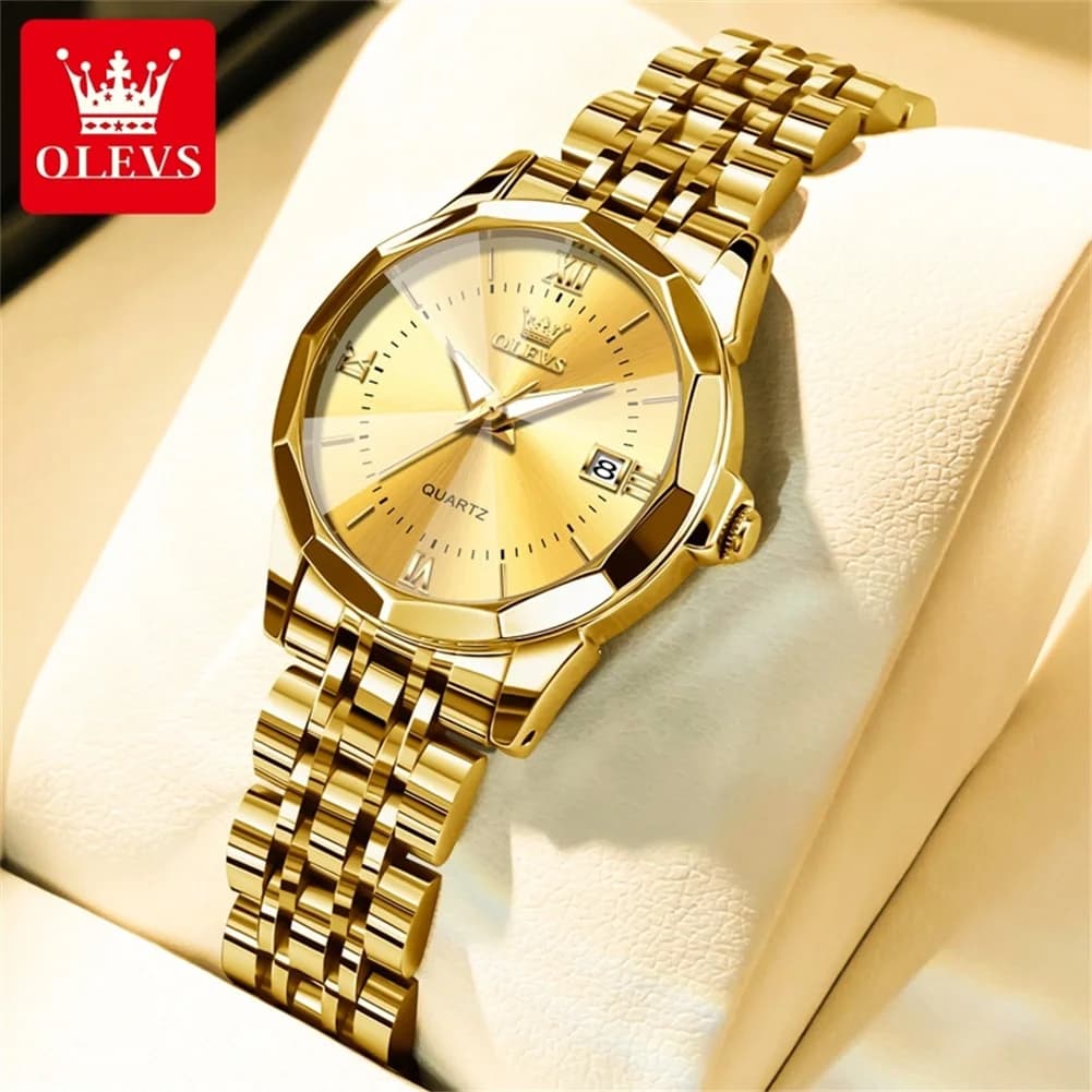 OLEVS 9989 Elegante Orologio al Quarzo per Donne Impermeabile con Calendario Luminoso Originale Lussuoso Orologio da Polso Dorato da Donna