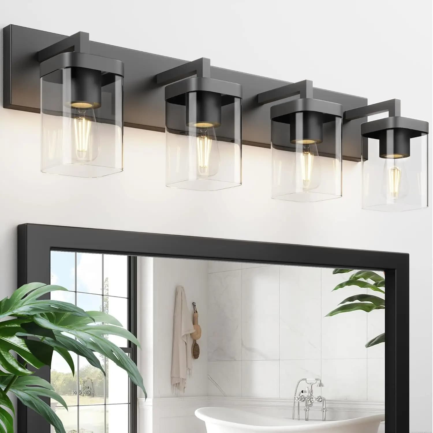 Lampada da Bagno a 4 Luci Nera, Design Quadrato, Applique Moderna da Parete per Specchio