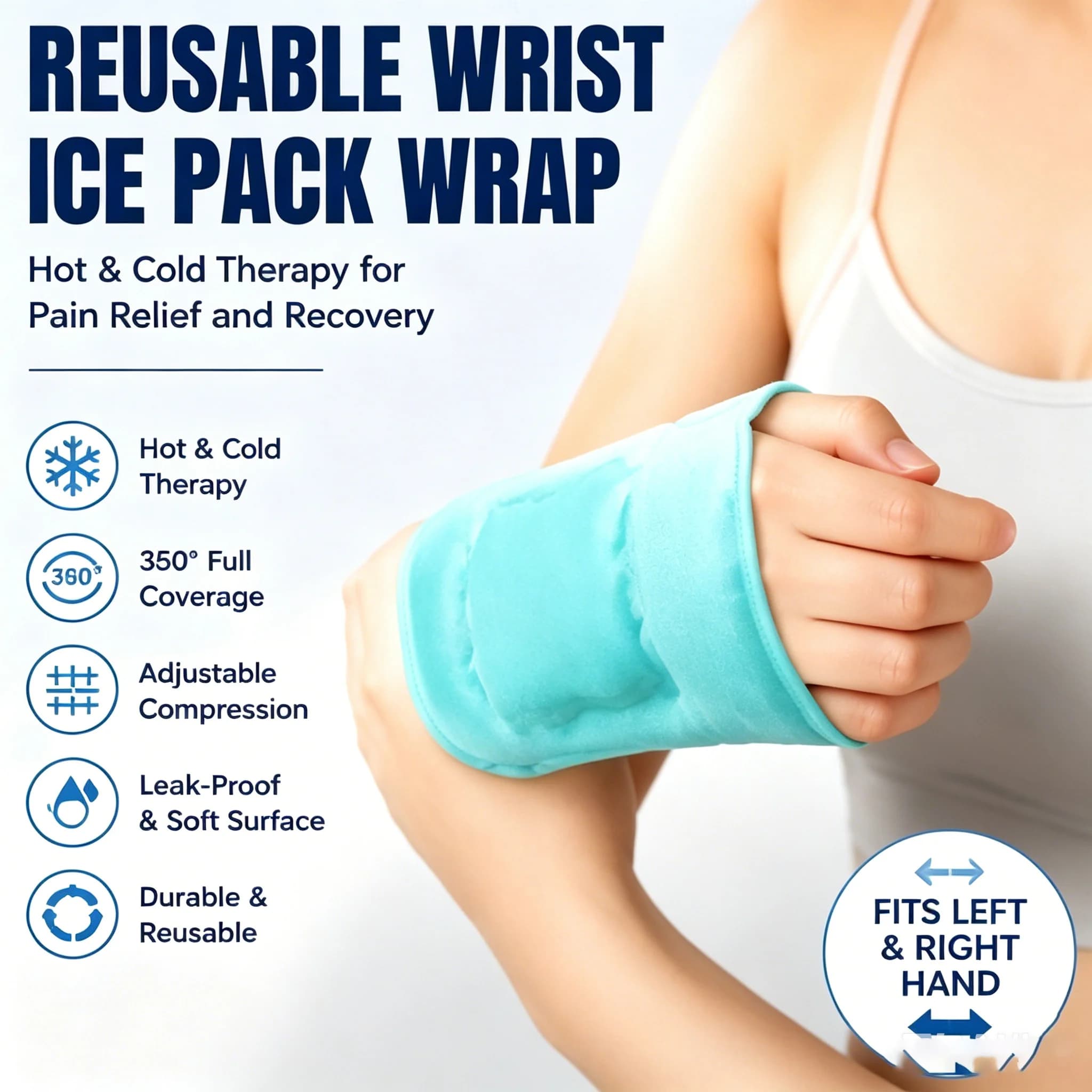 Reusable Wrist Ice Pack Hot Cold Gel Therapy Wrap Adjustable Compression Brace for Carpal Wrist Pain Relief Fits Left Right Hand