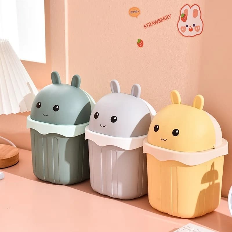 Cestino da scrivania con coperchio, mini cestino per rifiuti a forma di coniglio, cestino per rifiuti rettangolare creativo per ufficio e casa