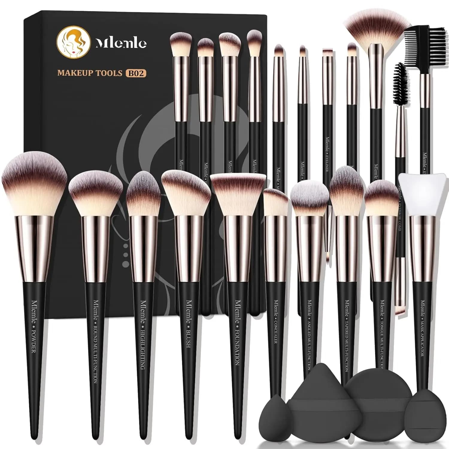 Set di pennelli per il trucco, kit trucco professionale Mlemle da 25 pezzi, include fondotinta in polvere, correttori, fard, ombretti, 21 pennelli per il trucco e 2 piumini per la polvere, 2 spugne per il trucco (B02-CreamBlack)