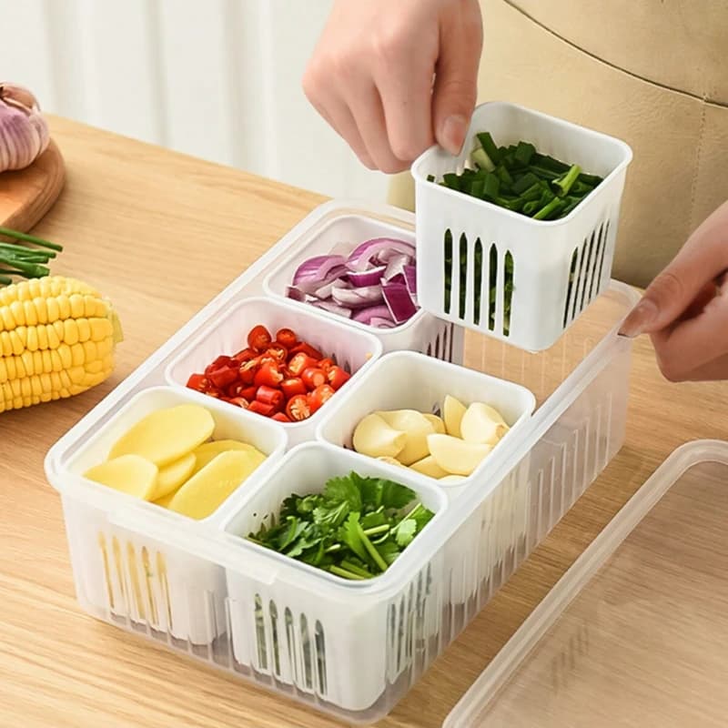 Contenitore da cucina 1 pezzo, contenitore multiuso per cipolle, zenzero e aglio, cestello di drenaggio 6 in 1 per frigorifero per la conservazione della frutta fresca