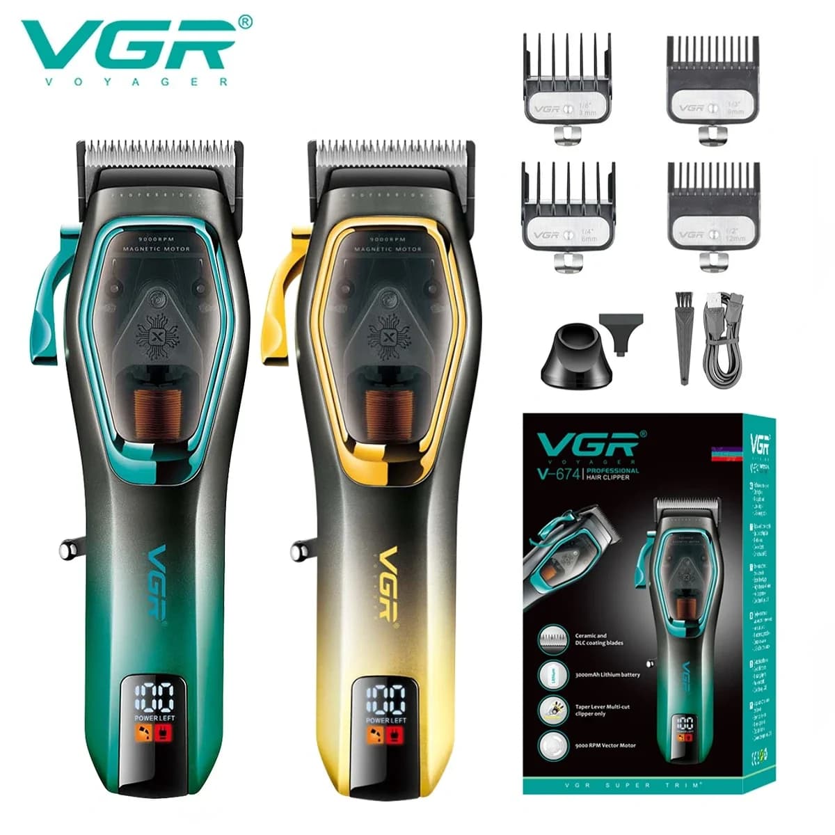 VGR haircut Professional haircut 9000 rpm Adjustable haircut Barbiere Haircut LED Trimmer for men V-674