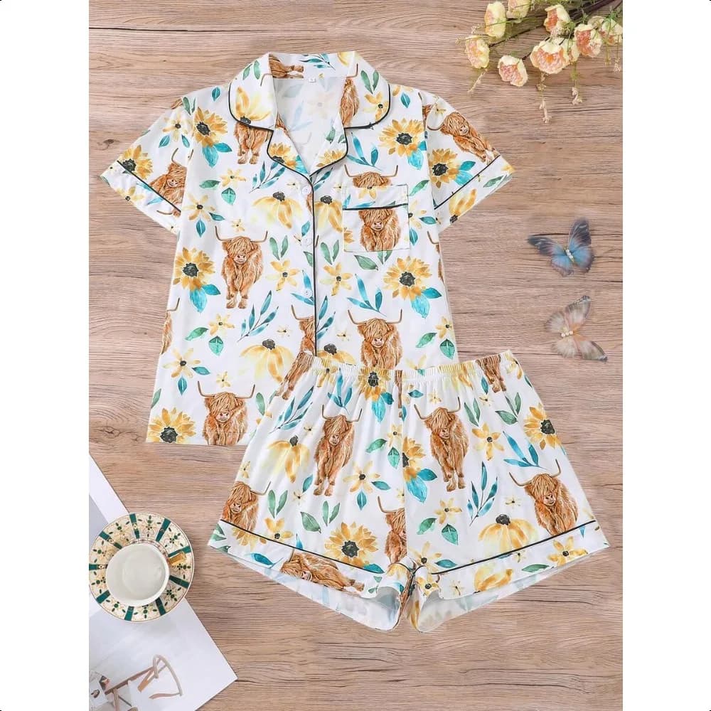 Women Cow Print Loungewear Set, Collared Button Top with Elastic Shorts, Casual Holiday Party Wear for All Seasons