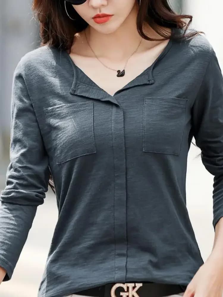 T-shirt Donna 2026 a Maniche Lunghe in Cotone Slub Verde con Scollo a V, Tinta Unita, Stile Coreano Morbido e Comodo, per Primavera Autunno