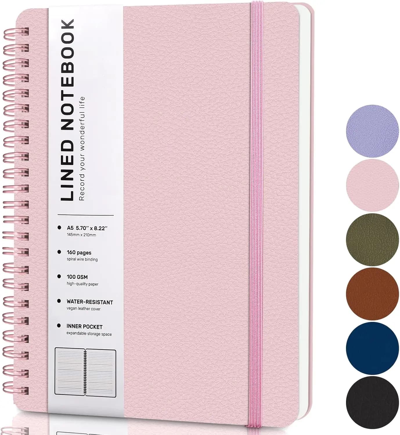 A5 Spiral Notebook with 160 Pages, 8x5.7in Hardcover Leather Journal for Work School Women Men, College Ruled Lined Notebook in