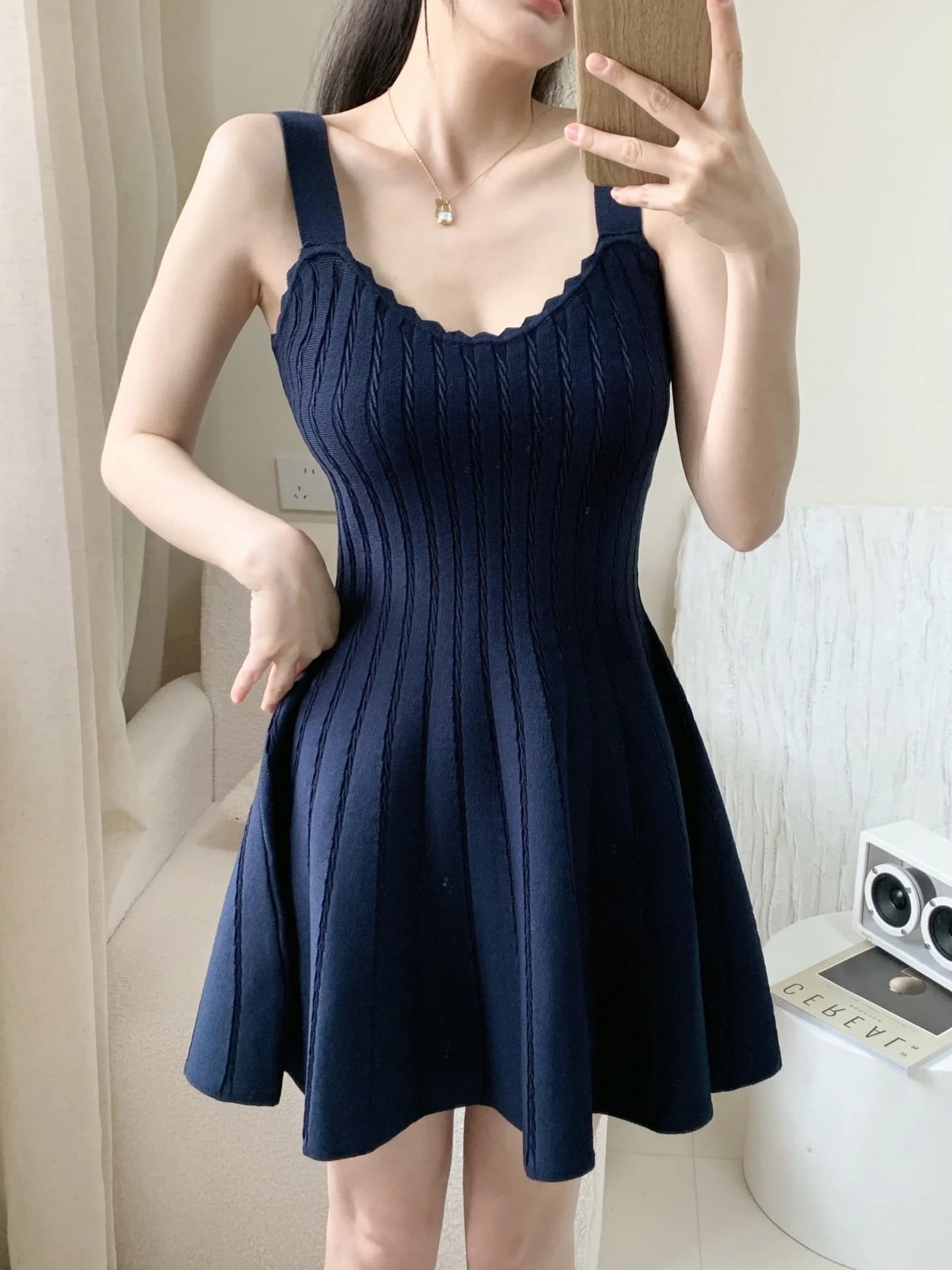 Pure Desire Spicy Girl Knitted Wave Collar Dress Skirt Slimming Hepburn Style Short Dress Ladies Summer Soft Knit Dress