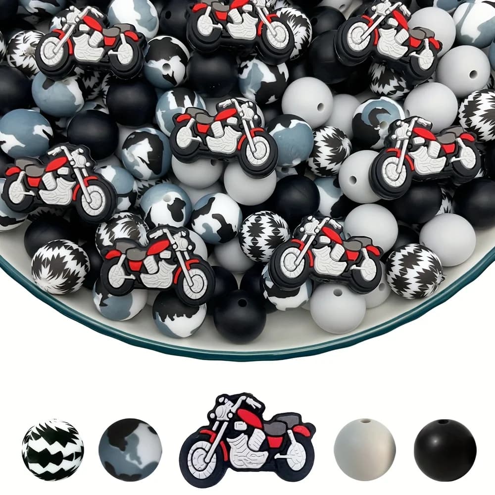 30pcs Silicone Beads Motorcycle Shaped Scattered Beads, Gray And Black Printed Round Beads - Jewelry Decoration, Bead Accessory