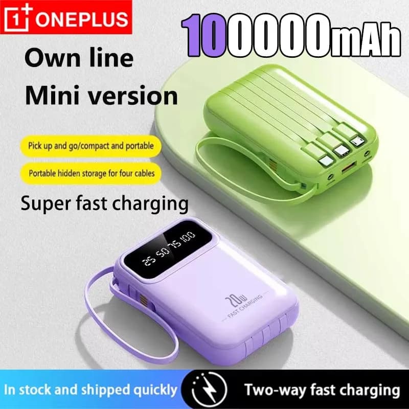 Oneplus 100000mAh Power Bank Integrated Cable PD 20W Quick Charging Large Capacity Portable Mobile Power Bank for iPhone