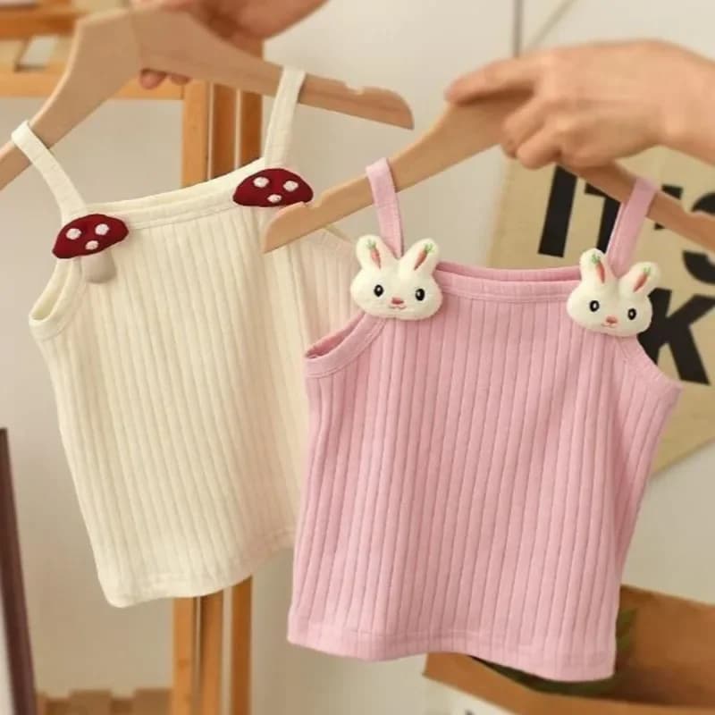 1-8Y Per Bambini Maglia Sling Top Senza Maniche T-Shirt Corte 2025 Estate Sottile Base Bretelle Ragazze Baby Coniglio Fungo Magliette e camicette
