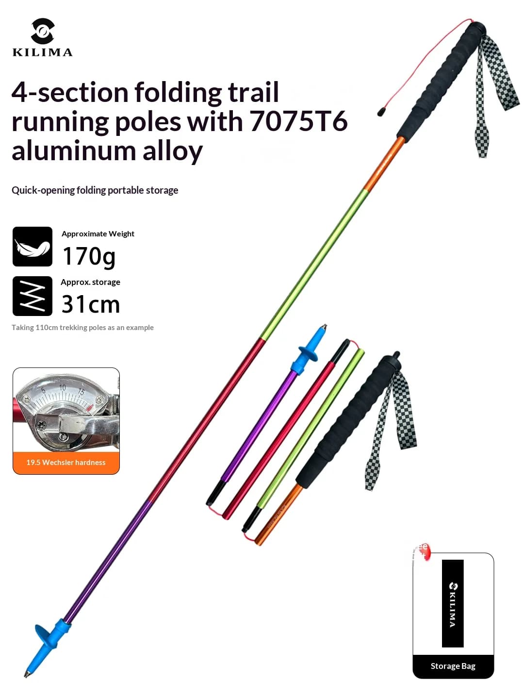 KILIMA Foldable Trekking Sticks in Ultralight Aluminum Alloy for Men and Women, Removable Stroller Sticks for Trail Running