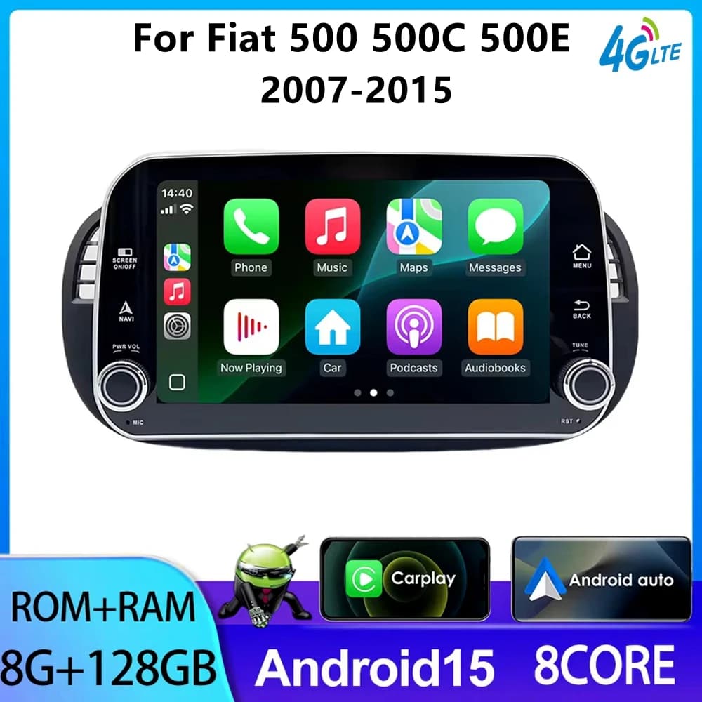 Android Auto Multimedia Screen with Stereo and GPS Navigation for FIAT 500 Abarth 2007-2015, Auto Update Kit with Support Camera Rear