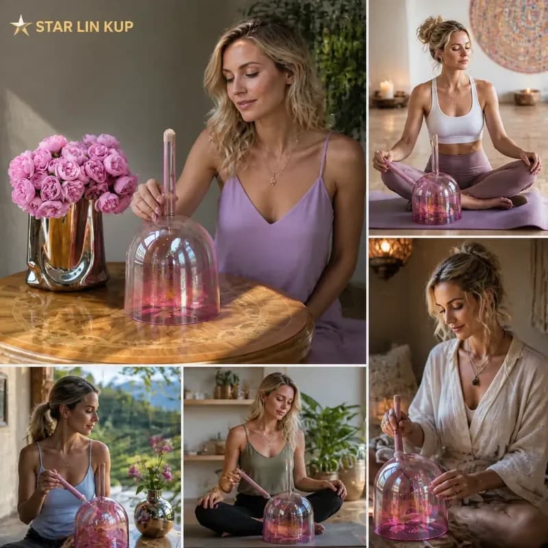 STAR LIN KUP 432Hz Pink Gradient Flower of Life Crystal Singing Bowl with Accessories and Bag for Meditation Healing Sound
