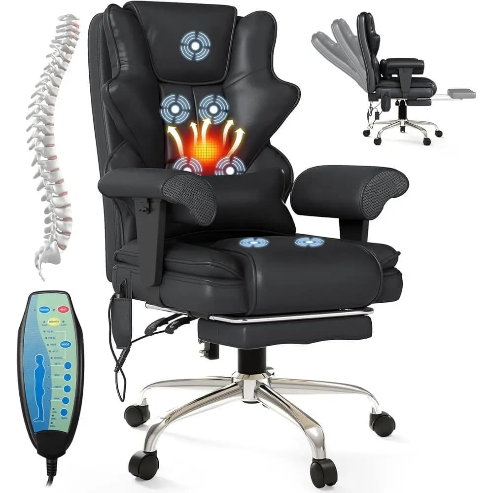 Sedia Ergonomica con Massaggio a 7 Punti, Seduta Riscaldata, Poggiapiedi e Braccioli Regolabili per Ufficio, Studio, Gaming - Nera
