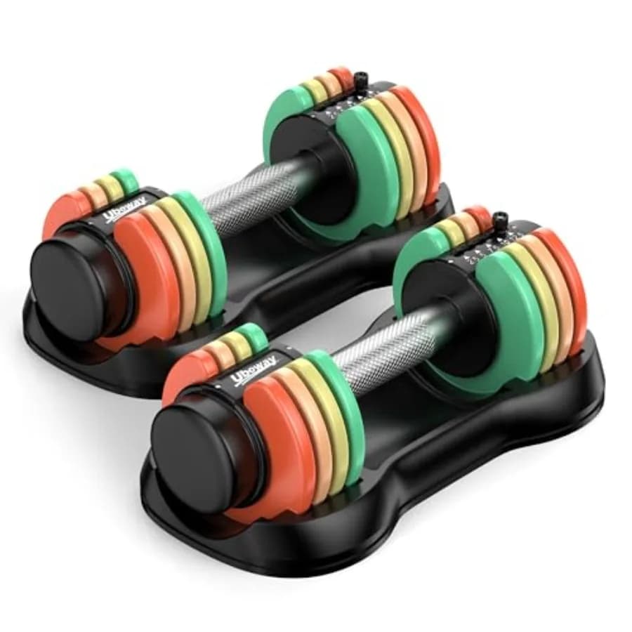Set di Manubri Regolabili 5-IN-1 da 12.5LB/22.5LB con Piastre Pesi Arcobaleno e Impugnatura Antiscivolo per Casa