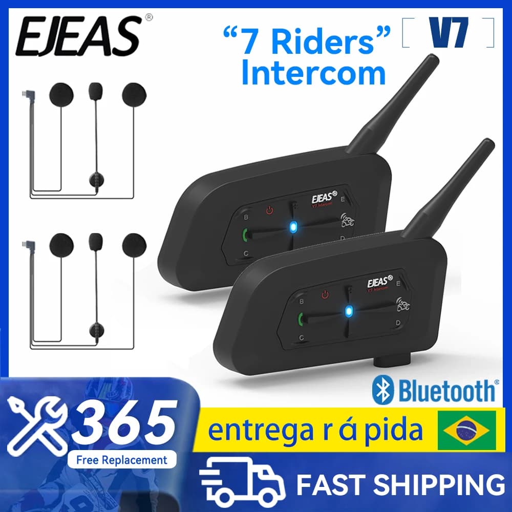 EJEAS V7 Walkie-talkie Bluetooth per Moto, Auricolare Impermeabile per Casco, Comunicatore Bluetooth con Cancellazione del Rumore per 7 Motociclisti