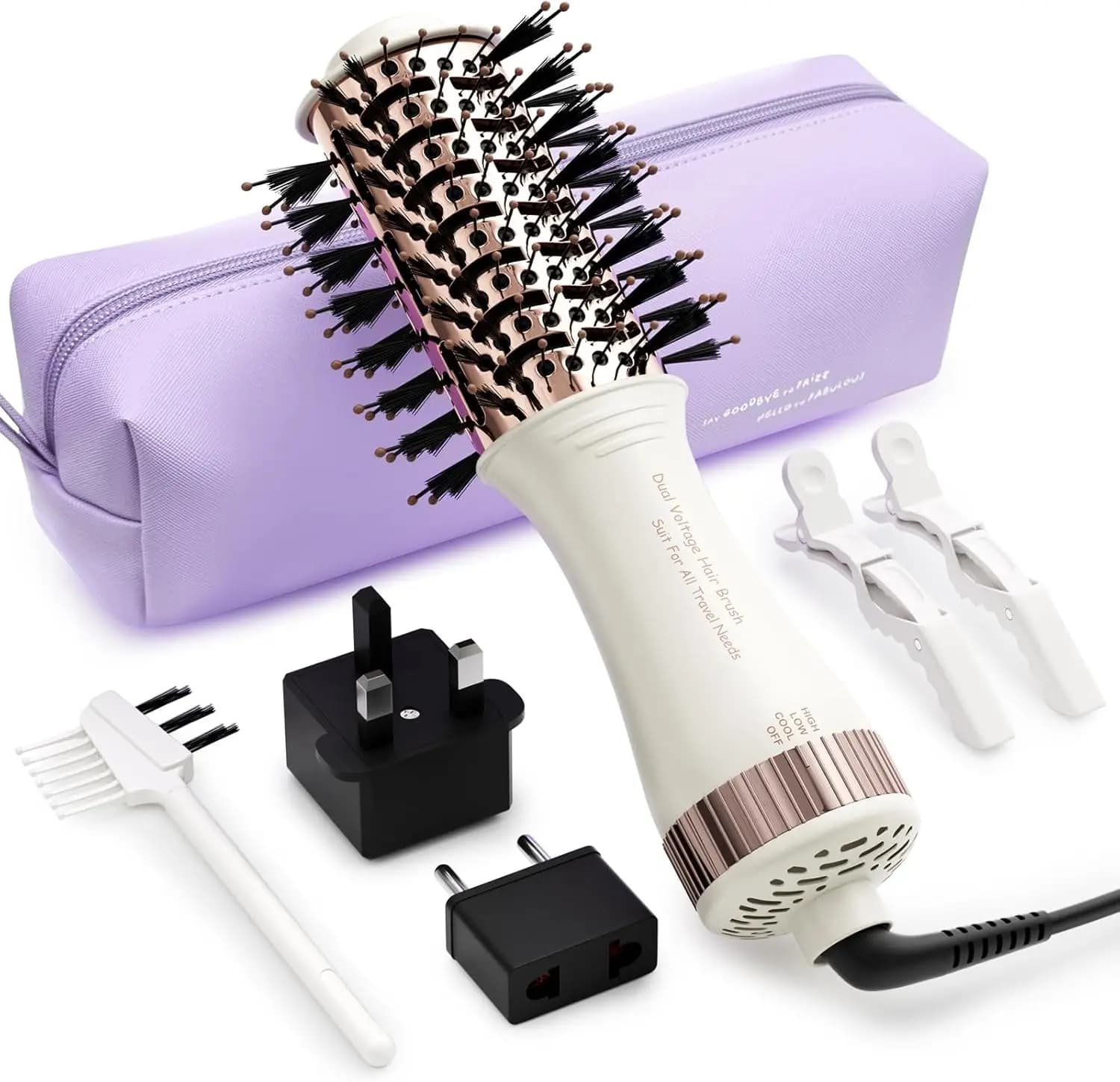 4-in-1 travel brush to Double Voltage, Mini Styler to Air Hot Portable to Mouse and Leach with EU and UK Spina