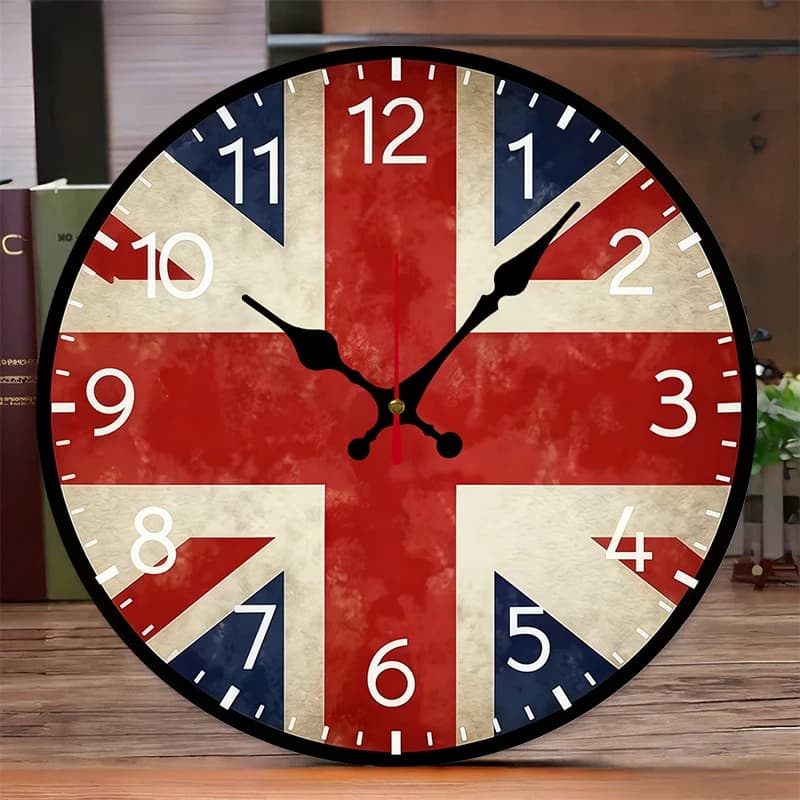 Round wooden suspended wall clock with flag design, suitable for living room, office, study room, bedroom, home decoration