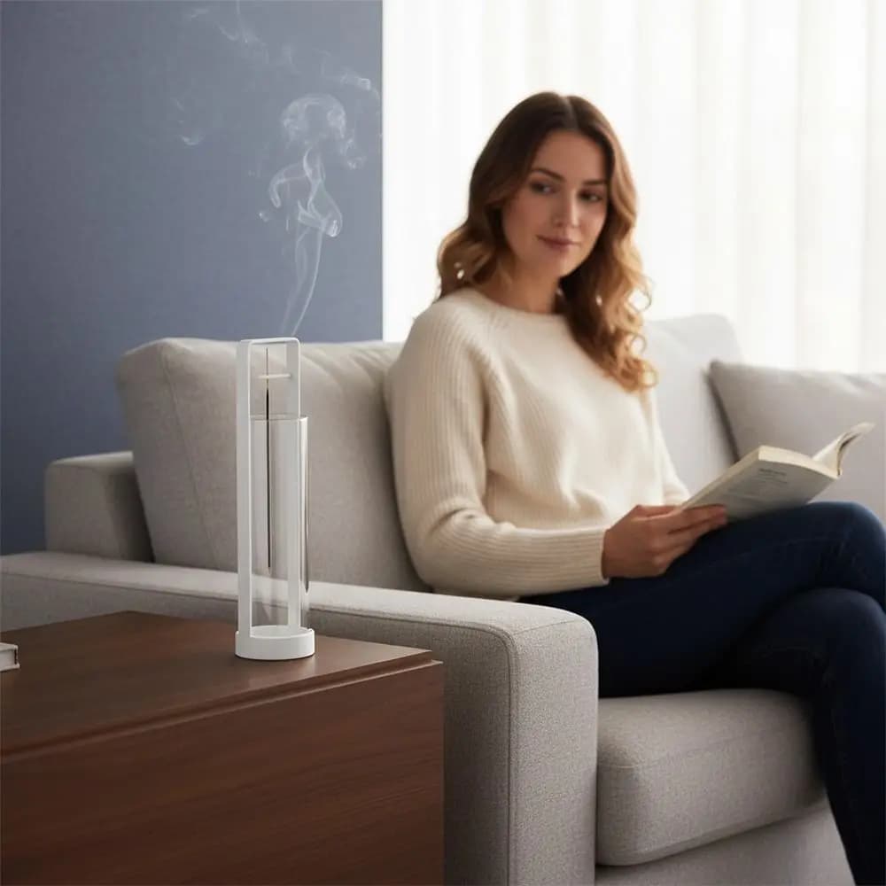 Porta Incenso Semplice Bianco e Nero per Bastoncini con Coppa in Vetro, Base Rimovibile e Raccogli Ceneri per Sala Yoga