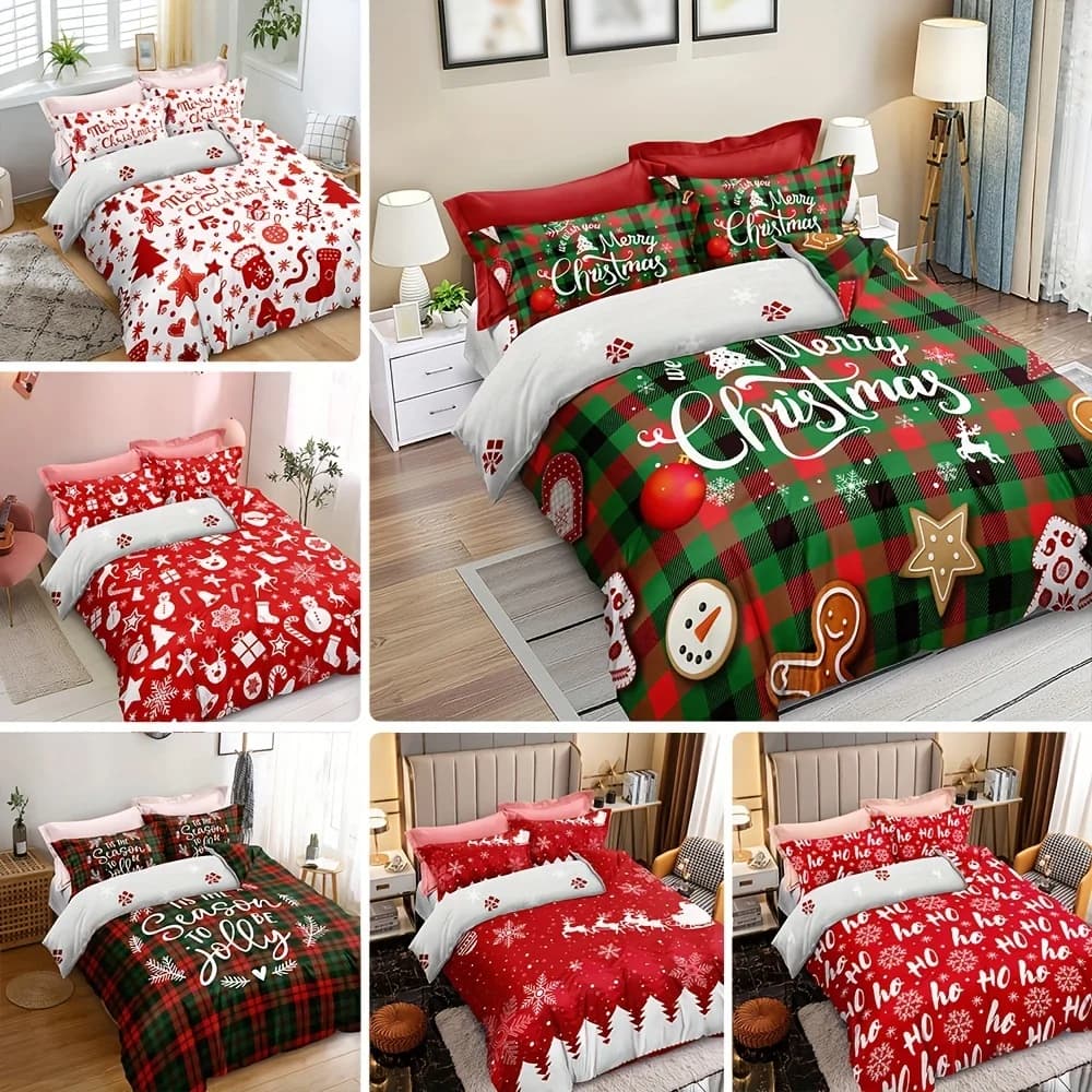 Set copripiumino a tema natalizio, Set biancheria da letto con stampa fiocco di neve uomo albero di natale, copripiumino morbido e confortevole e traspirante