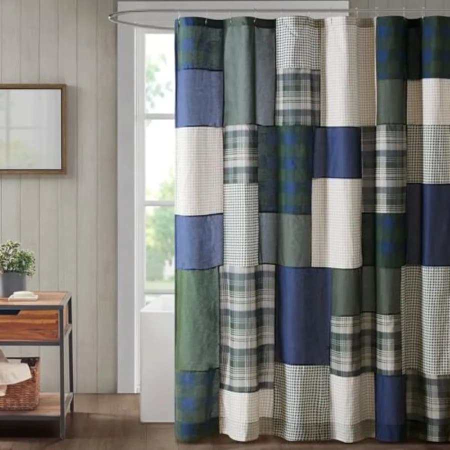 Tenda da Doccia Woolrich Mill Creek 100% Cotone, Stile Cottage, Design Patchwork a Quadri, Arredo Bagno Stile Fattoria, Lavabile in Lavatrice