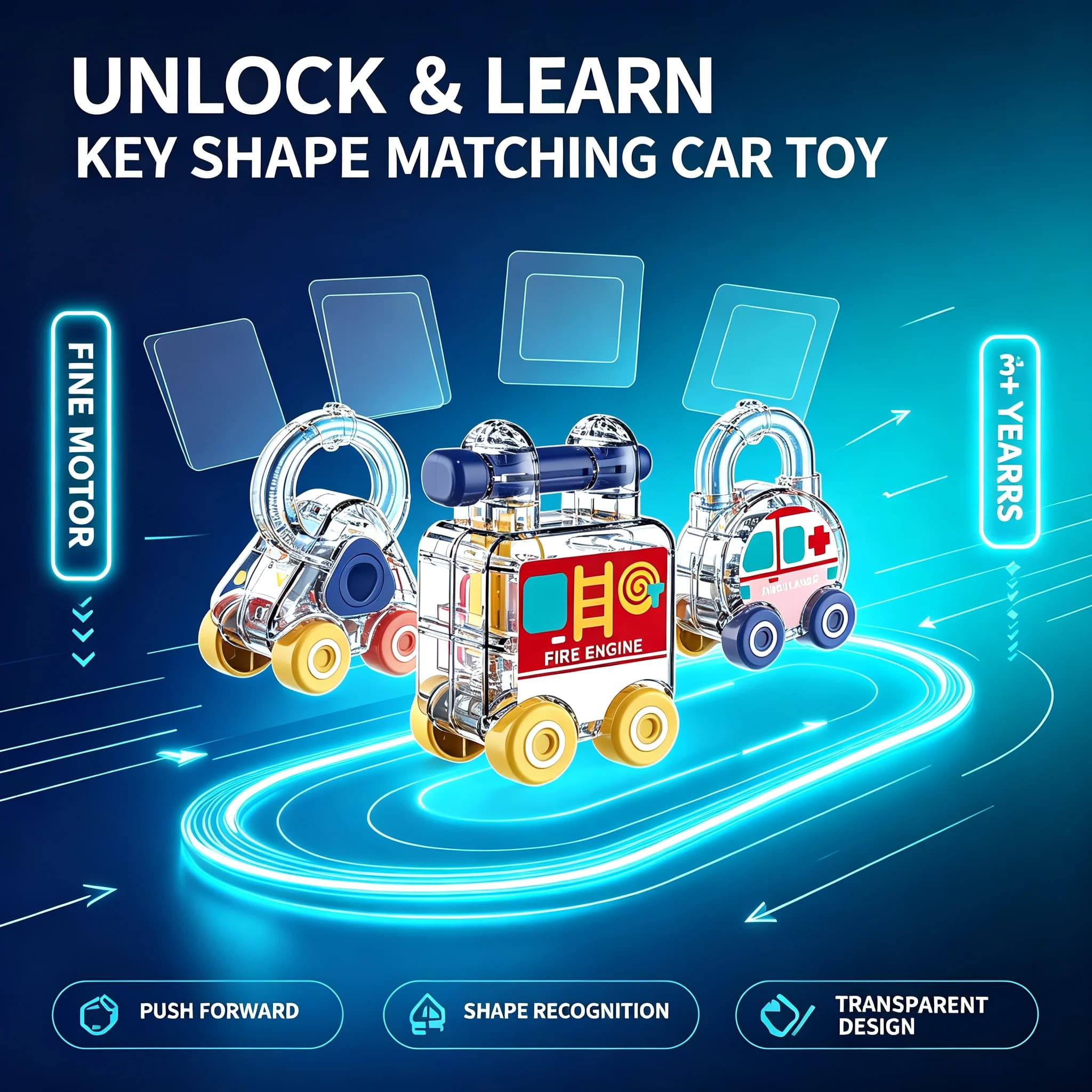 Toddler Key Matching Unlock Car Set, Transparent Police Fire Ambulance Emergency Vehicles, Fine Motor Educational Toy for 3+ Kid